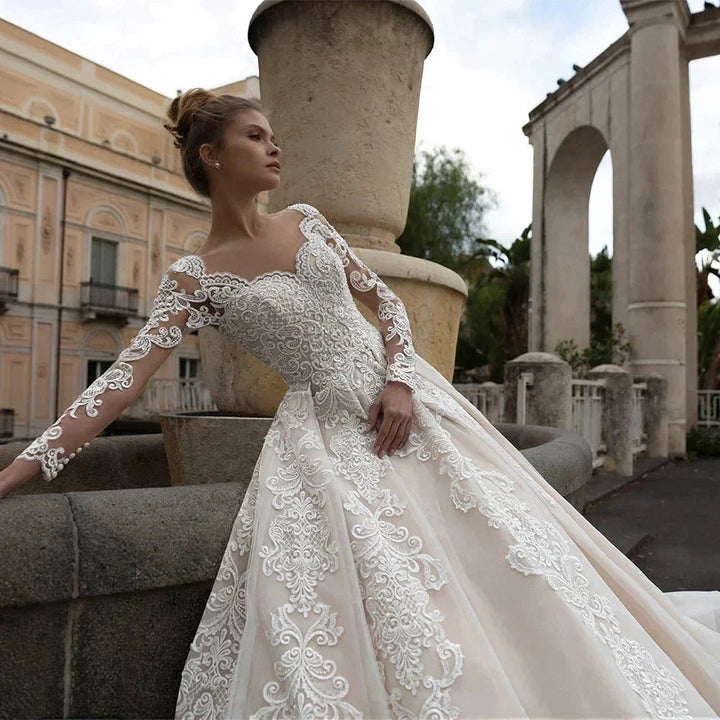 Luxury Lace Applique Wedding Dresses Long Sleeve Women&
