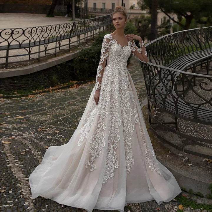 Luxury Lace Applique Wedding Dresses Long Sleeve Women&