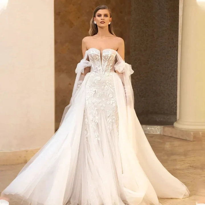 Luxury Mermaid Wedding Dresses Thick Staps Detachable Train 2 In 1 Lace Applique Wedding Gowns Tailor-Made by payinti