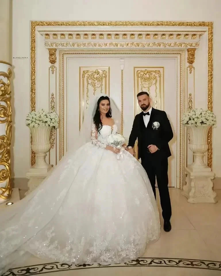 Luxury Sparkly Wedding Dresses 2024 Sheer Neck Glitter Sequins Long Sleeves Lace Applique Elegant Bridal Gowns Vestido De Novia by payinti