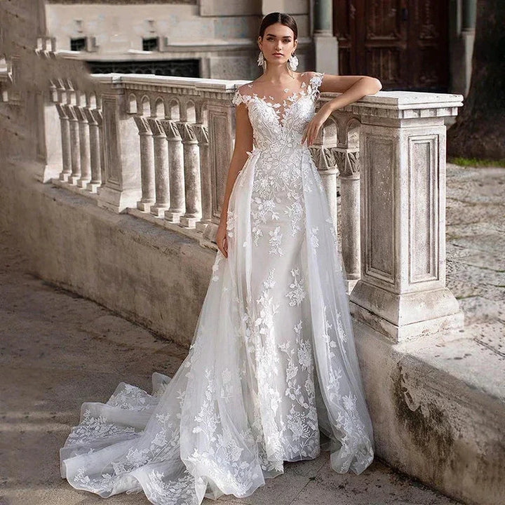 Luxury Wedding Dress 2023 Short Sleeve Applique Sleeveless Mermaid Bridal Gownes Removable Women&