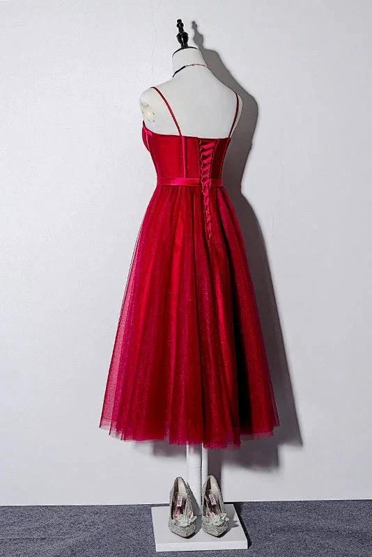 Vintage Spaghetti Straps Lace Up Burgundy Tea Length Homecoming Dresses Prom Dresses by Ombreprom