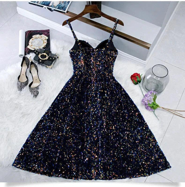 Glitter Spaghetti Straps Cute Short Prom Dresseses Tight Tea Length Homecoming Dresses by Ombreprom
