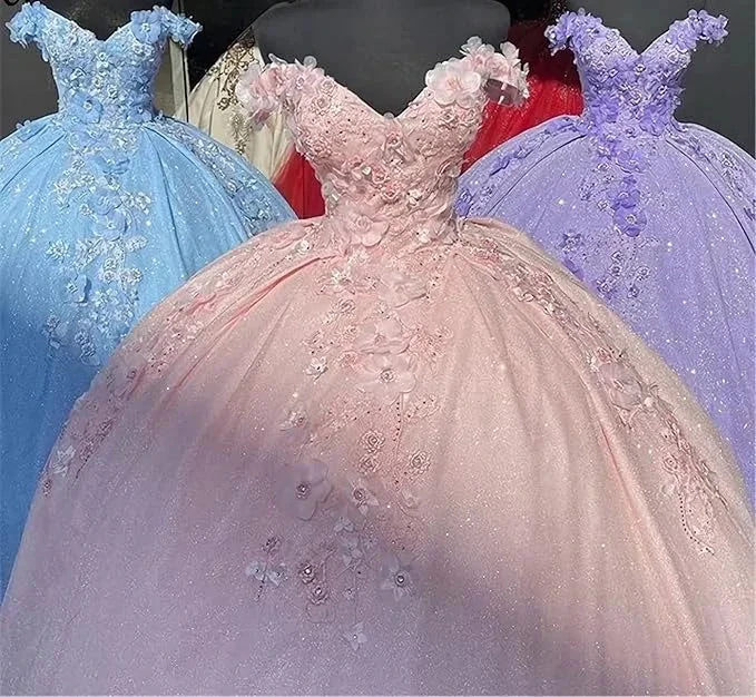 Off the shoulder blue ball gown , sparkly prom dress with flowers S26908 by simplepromdress