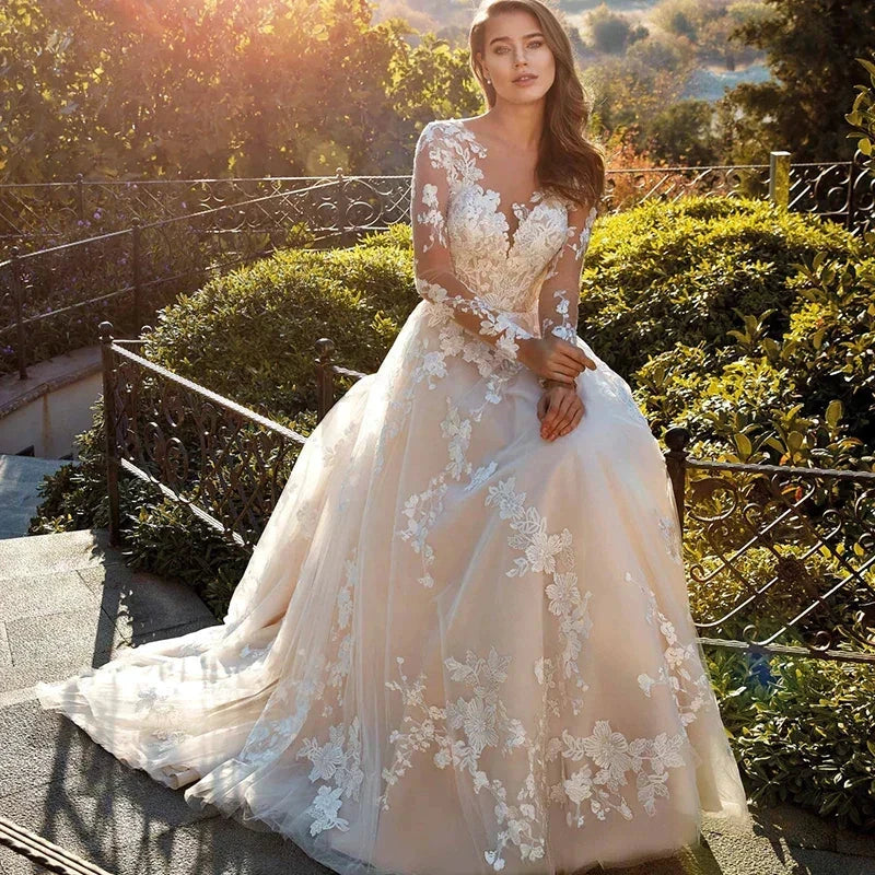 Elegant Lace A-line Wedding Dress Full Sleeves Court Train O-neck Buttons Vestido De Novia Bridal Gown Custom Made by payinti