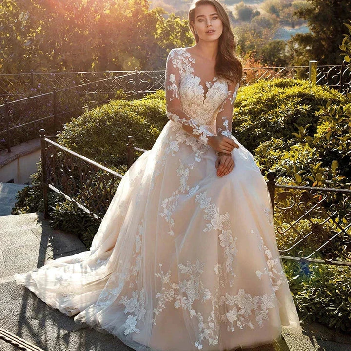Elegant Lace A-line Wedding Dress Full Sleeves Court Train O-neck Buttons Vestido De Novia Bridal Gown Custom Made by payinti