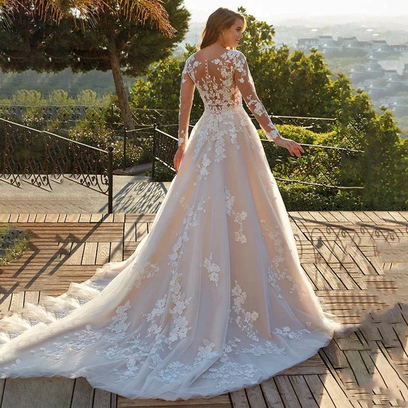 Elegant Lace A-line Wedding Dress Full Sleeves Court Train O-neck Buttons Vestido De Novia Bridal Gown Custom Made by payinti