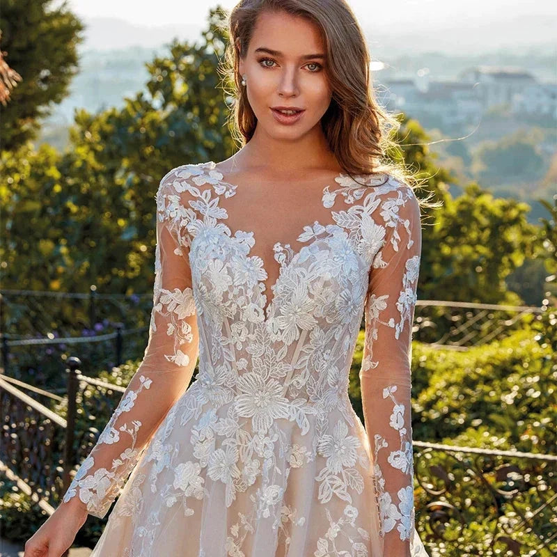 Elegant Lace A-line Wedding Dress Full Sleeves Court Train O-neck Buttons Vestido De Novia Bridal Gown Custom Made by payinti