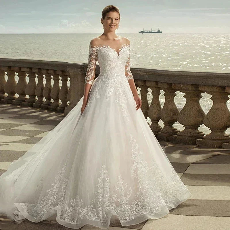 MACDUGAL Exquisite Three-Quarter Sleeves Mopping O-Neck Lace Charming Applique Back Lace Double Button Wedding Dress by payinti