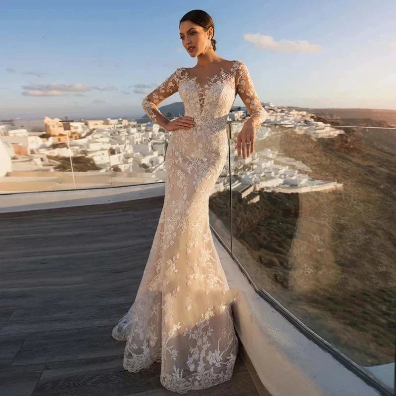 MACDUGAL Wedding Dress 2023 Luxury Sexy Lace Self-Cultivation Detachable Train Elegant Long Sleeves Button Vestido De Novia by payinti