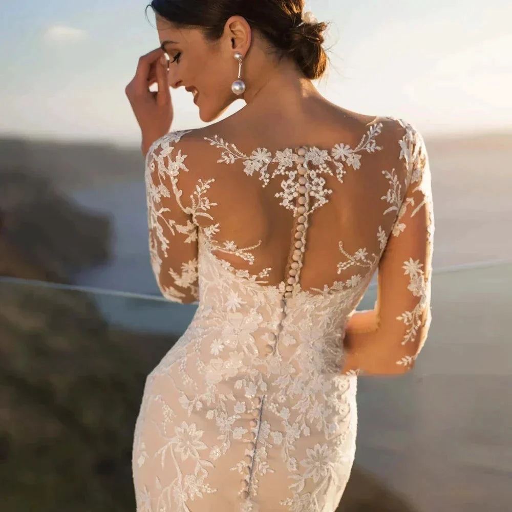 MACDUGAL Wedding Dress 2023 Luxury Sexy Lace Self-Cultivation Detachable Train Elegant Long Sleeves Button Vestido De Novia by payinti