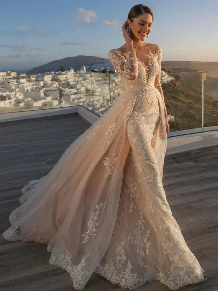 MACDUGAL Wedding Dress 2023 Luxury Sexy Lace Self-Cultivation Detachable Train Elegant Long Sleeves Button Vestido De Novia by payinti
