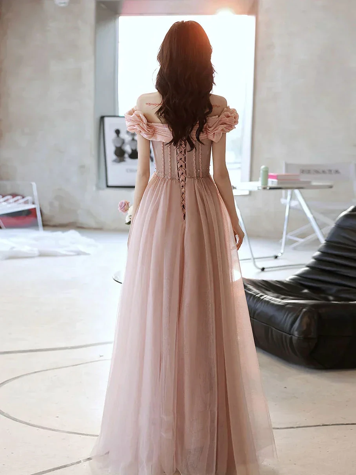 Pink Sweetheart Neck Tulle Beads Long Prom Dress, Pink Evening Dress,Y2406 by simplepromdress