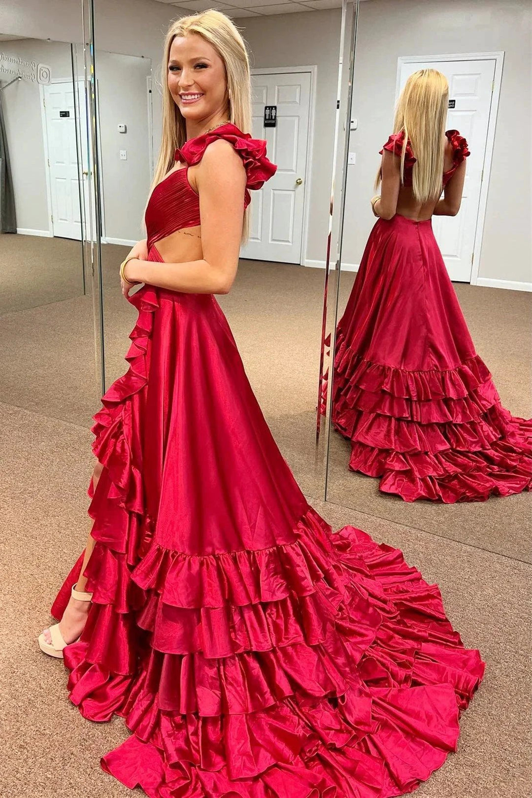 Brittany | Red Cutout Ruffle A-Line Long Prom Dress with Slit by KissProm