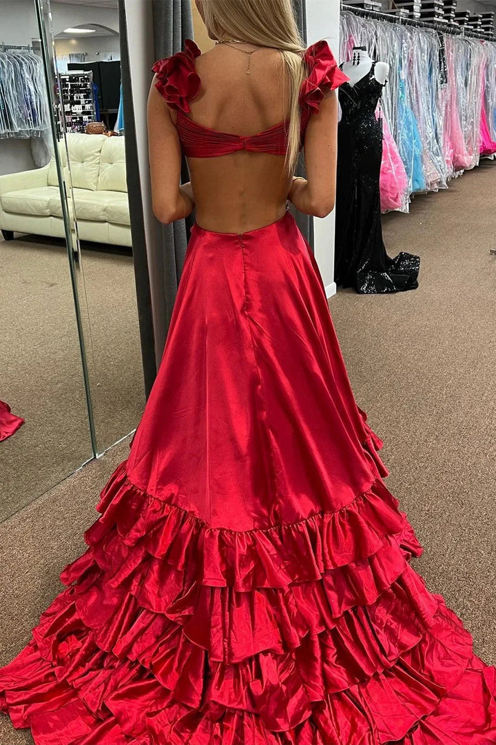 Brittany | Red Cutout Ruffle A-Line Long Prom Dress with Slit by KissProm