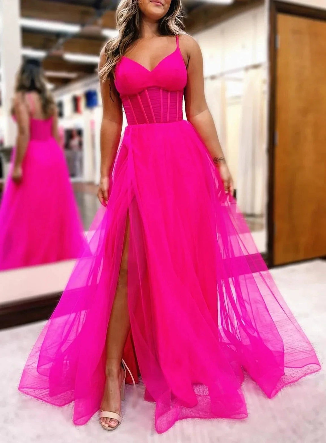 Galilea | Fuchsia V-Neck Sheer Bodice A-Line Long Prom Dress with Slit by KissProm