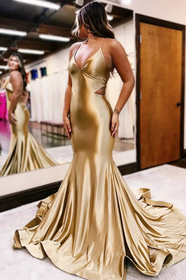 Gold V-Neck Lace-Up Trumpet Long Formal Dress by KissProm