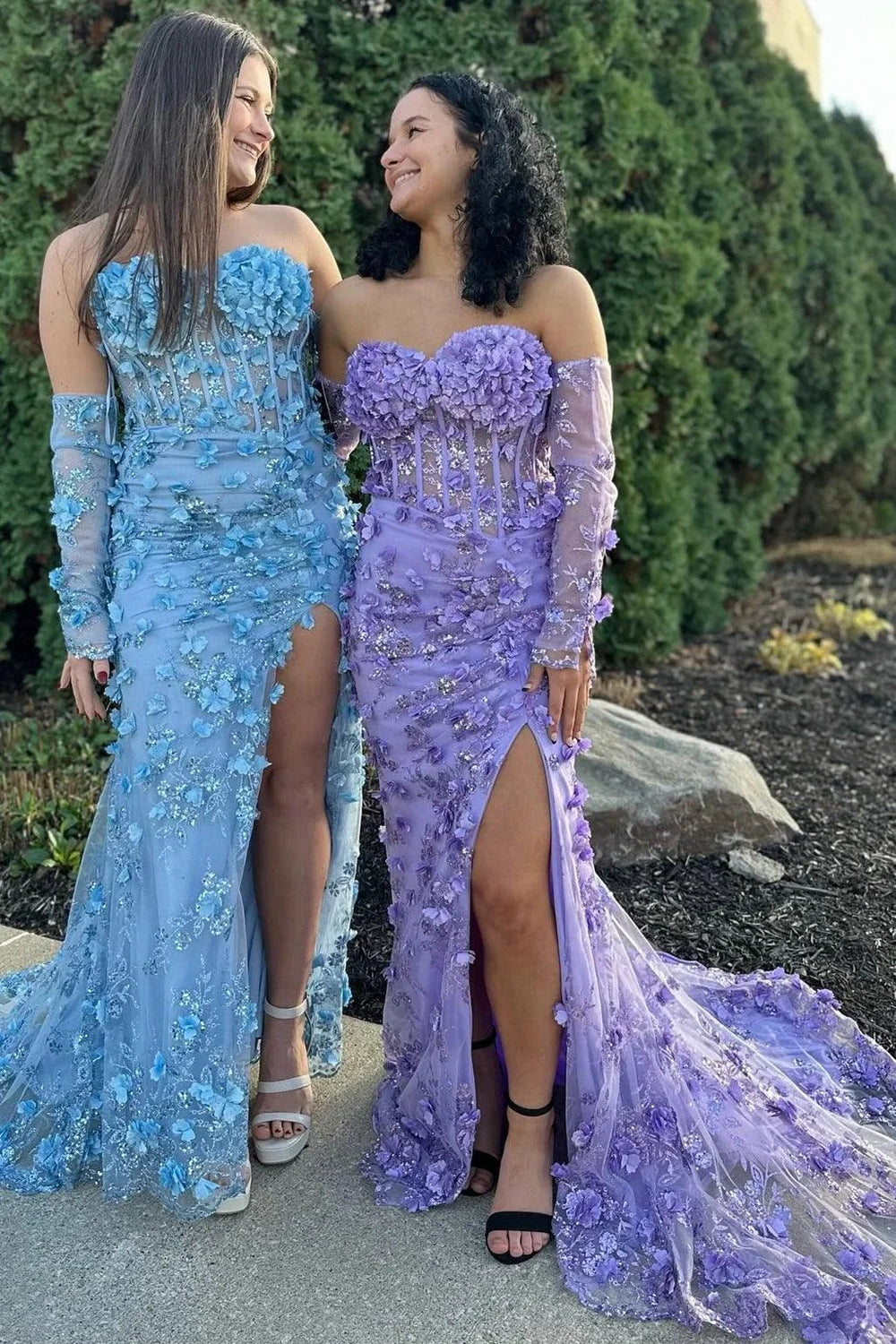 Dayana | 3D Floral Lace Strapless Long Prom Dress with Detachable Sleeves by KissProm