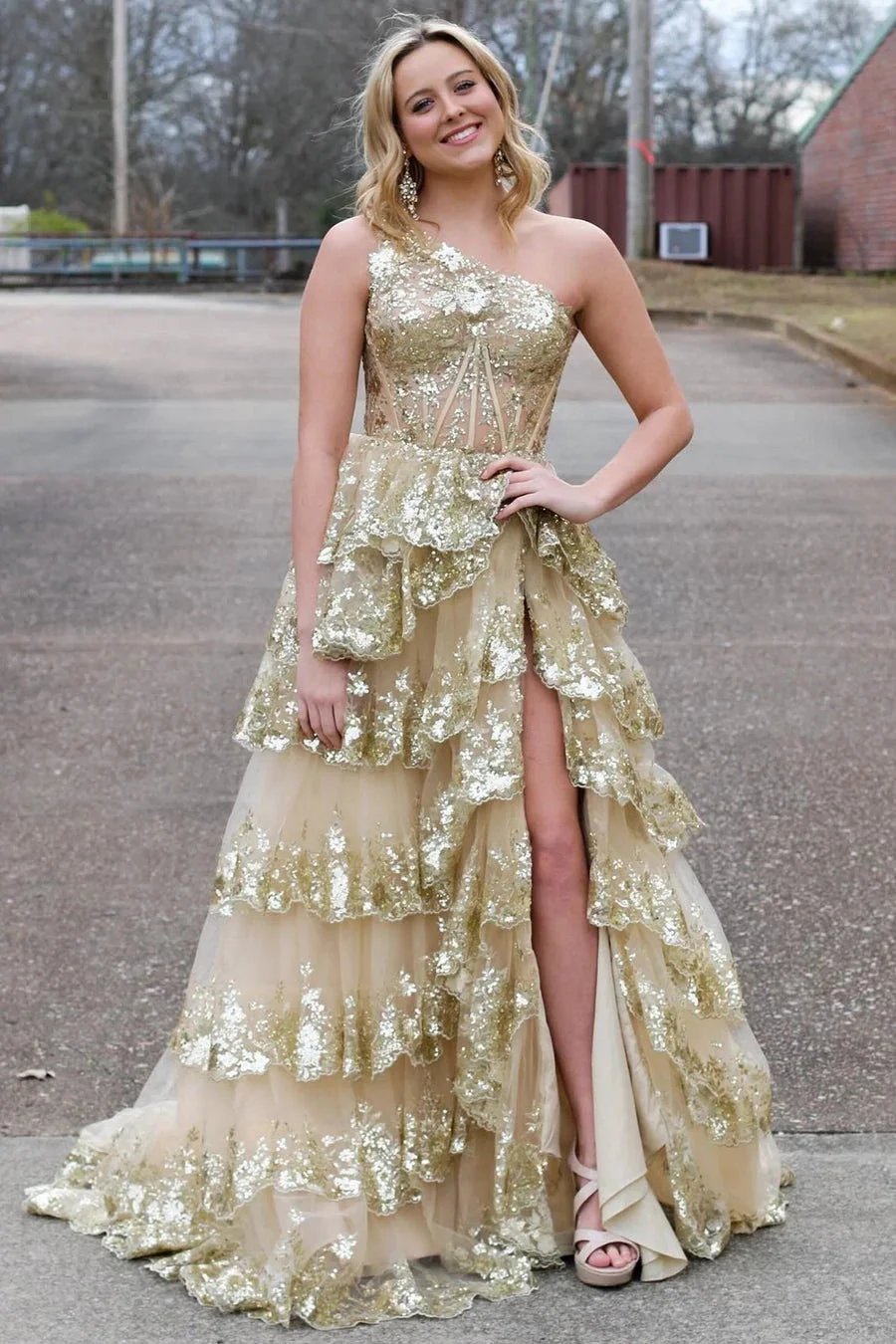 Livia |Sheath One Shoulder Tiered Lace Long Prom Dress by KissProm