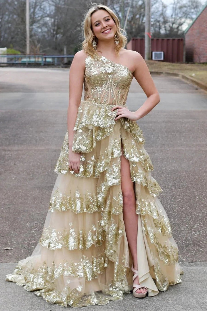Livia |Sheath One Shoulder Tiered Lace Long Prom Dress by KissProm