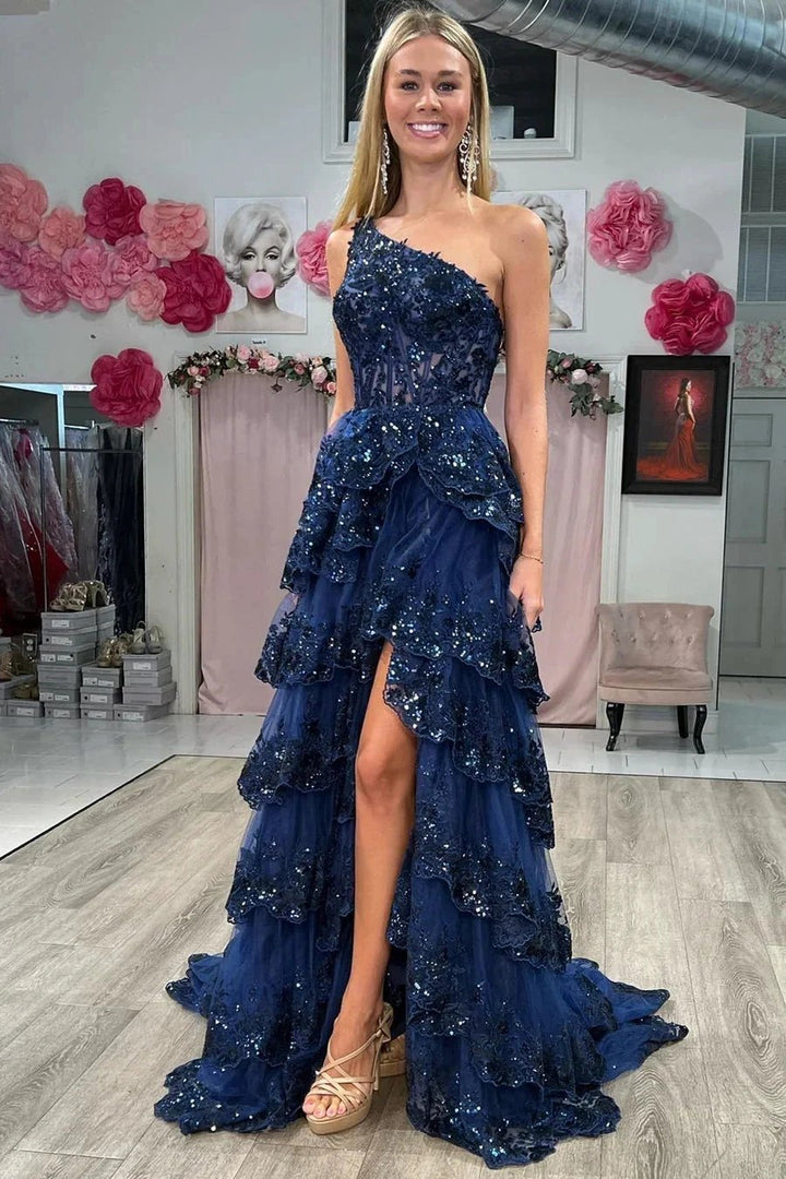 Livia |Sheath One Shoulder Tiered Lace Long Prom Dress by KissProm