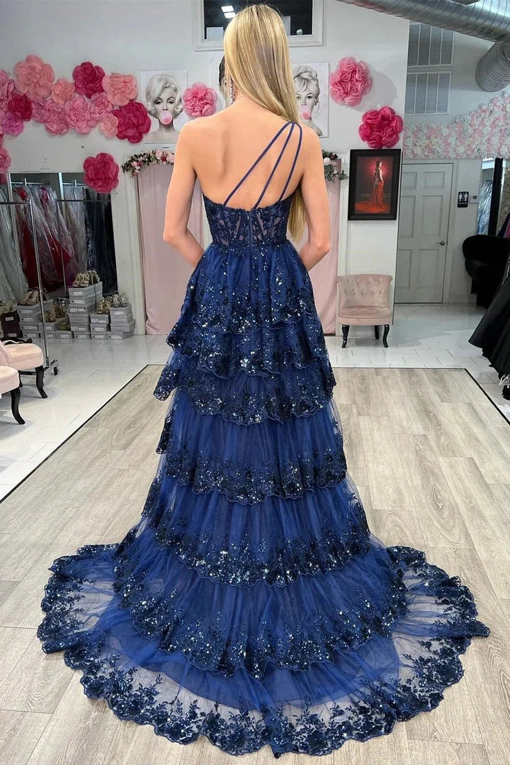 Livia |Sheath One Shoulder Tiered Lace Long Prom Dress by KissProm