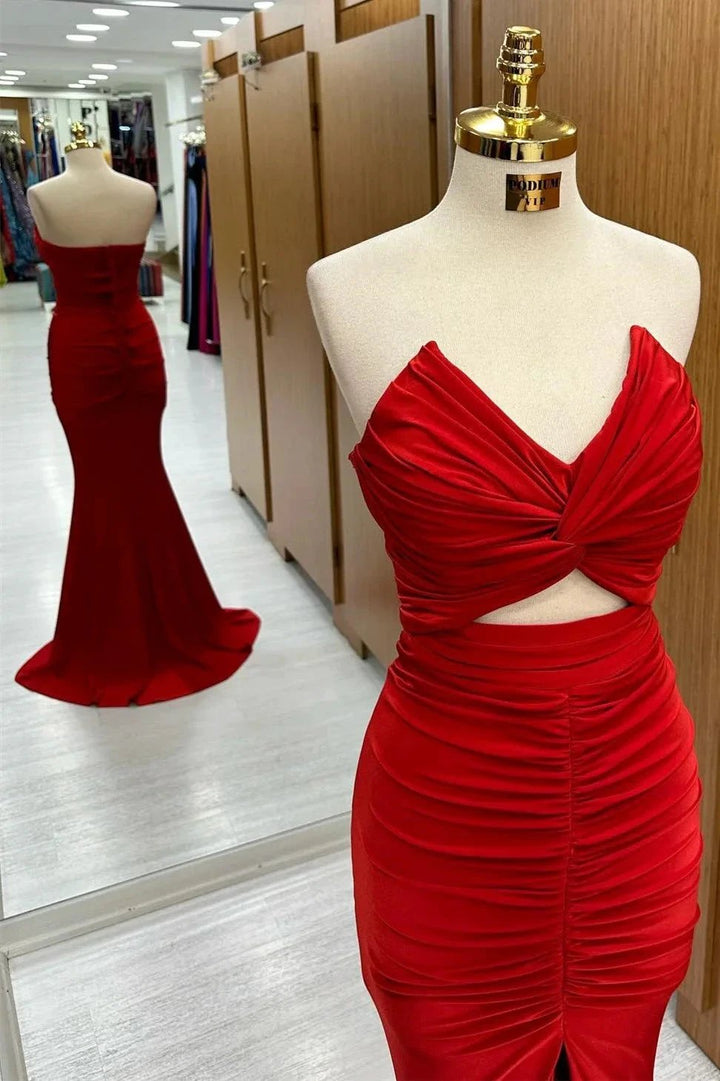 Monique | Red Strapless Twisted Knot Mermaid Long Formal Dress with Slit by KissProm