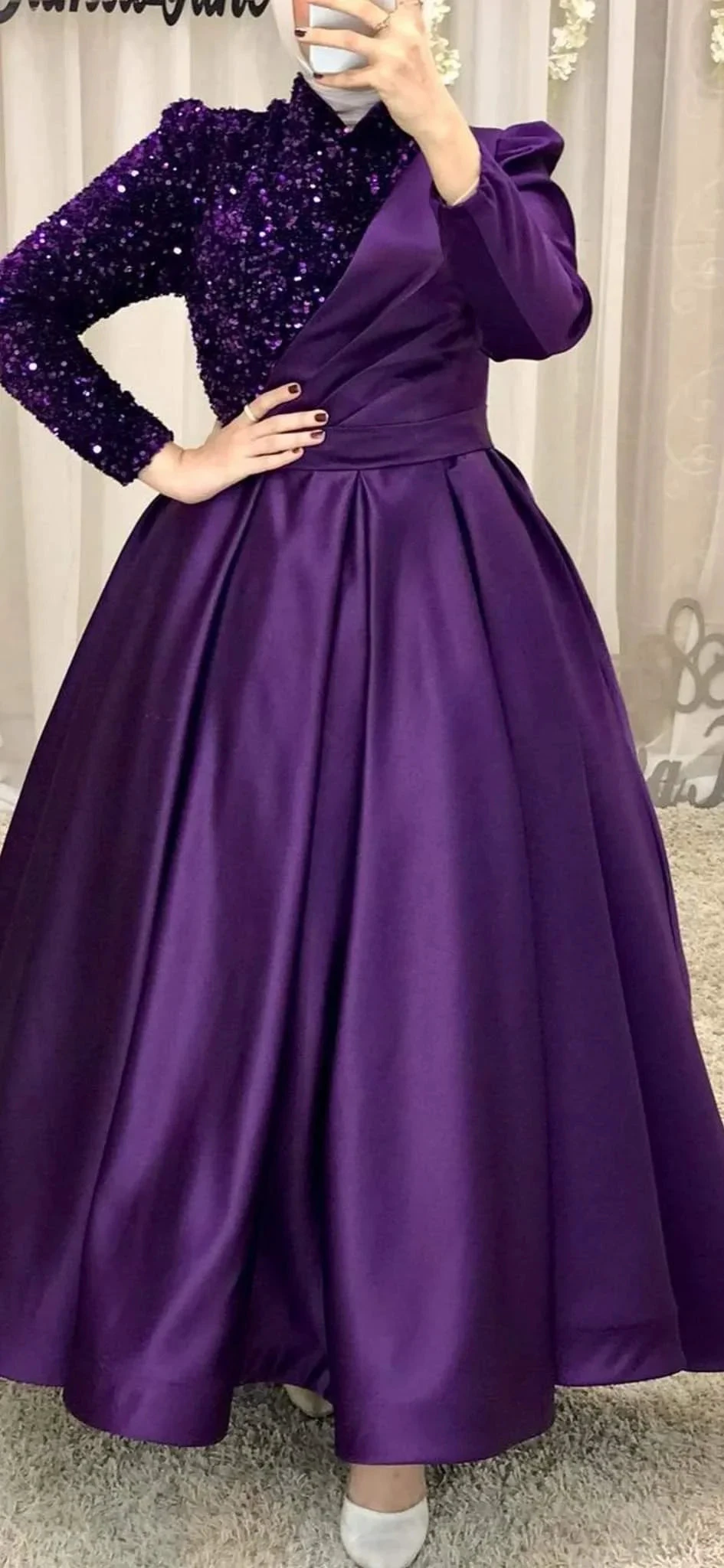 Elegant purple evening dress with sequin top and full satin skirt from ZAPDRESS