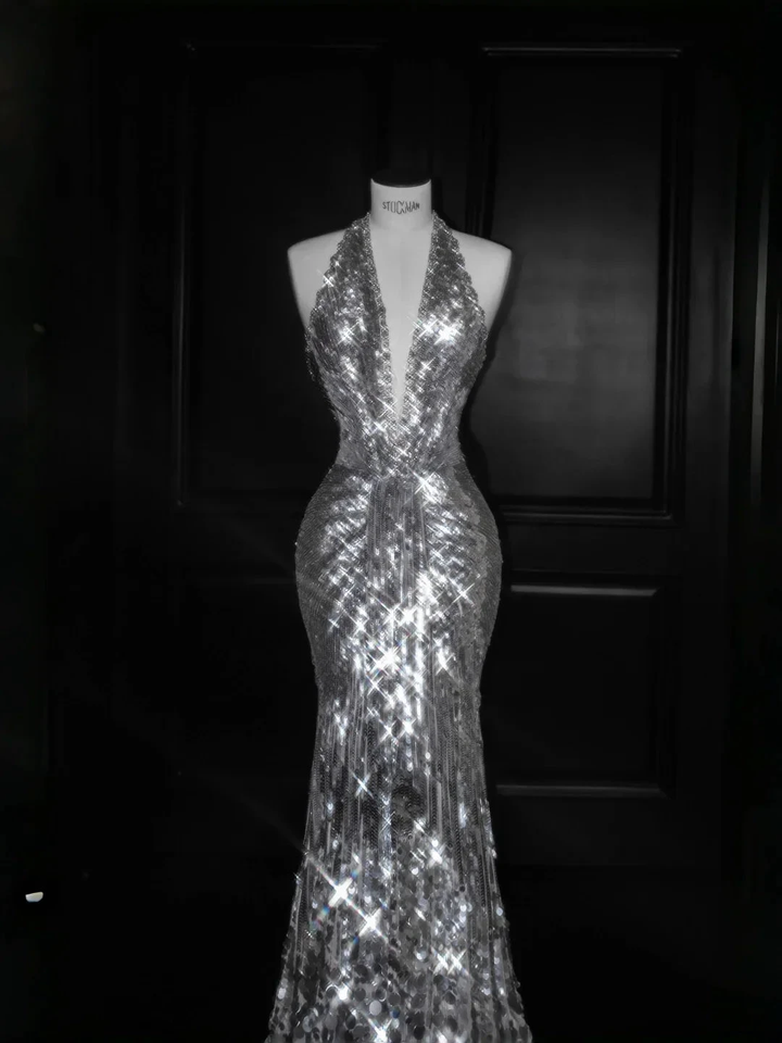 Sparkly Silver Deep V Halter Sequins Beaded Backless Evening Dress Mermaid Prom Dress Y8687 by simplepromdress