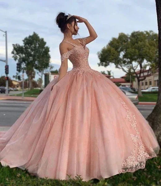 Pink Quinceanera Off Shoulder Lace Appliques Ball Gown Y2734 by simplepromdress
