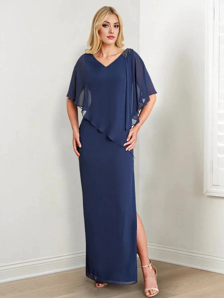 Sheath/Column V-Neck Mother of the Bride Dresses with Beading &amp; Split Side by Dreamylily