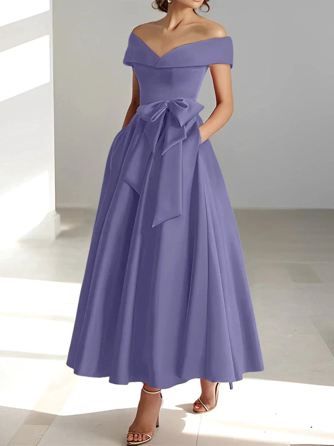 A-Line/Princess Off-the-Shoulder Sleeveless Ankle-Length Mother of the Bride Dresses with Pockets by Dreamylily