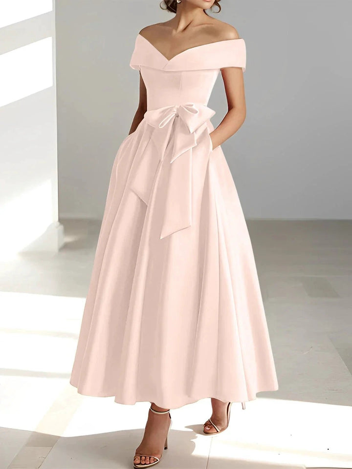 A-Line/Princess Off-the-Shoulder Sleeveless Ankle-Length Mother of the Bride Dresses with Pockets by Dreamylily