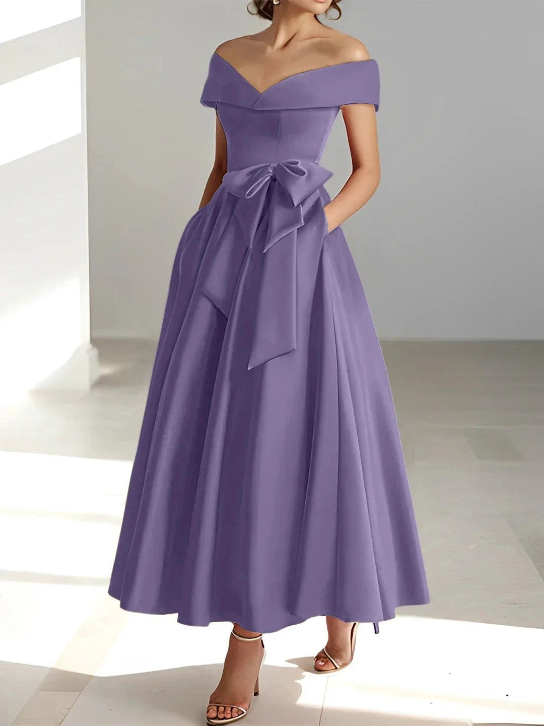 A-Line/Princess Off-the-Shoulder Sleeveless Ankle-Length Mother of the Bride Dresses with Pockets by Dreamylily