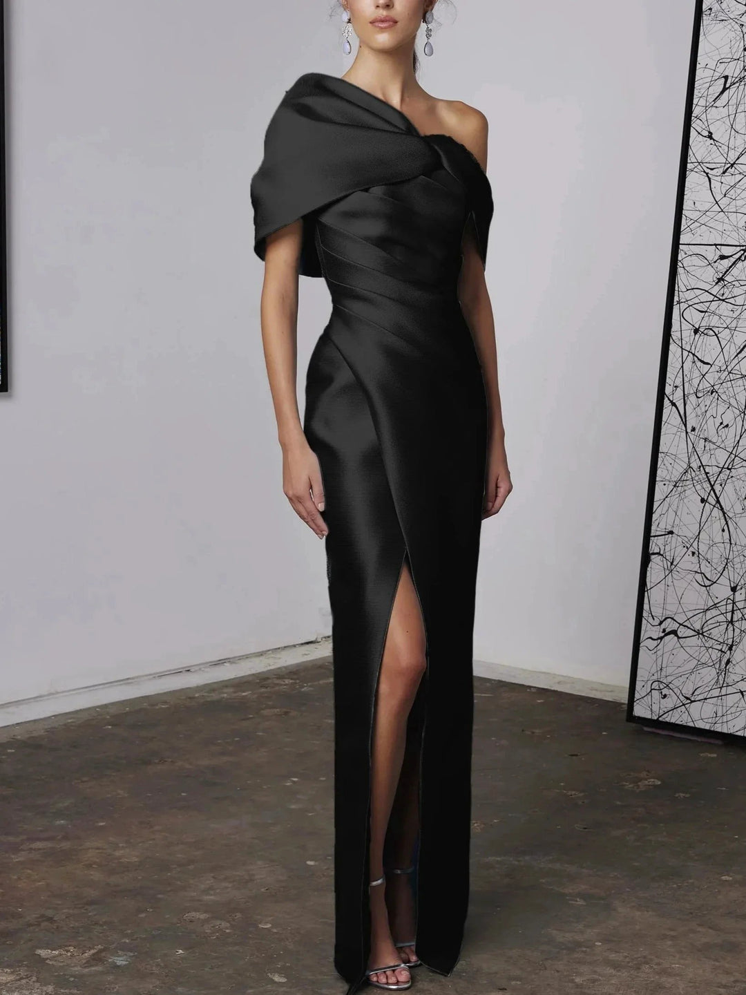 A-Line/Princess One-Shoulder Half Sleeves Floor-Length Mother of the Bride Dresses with Ruffles by Dreamylily