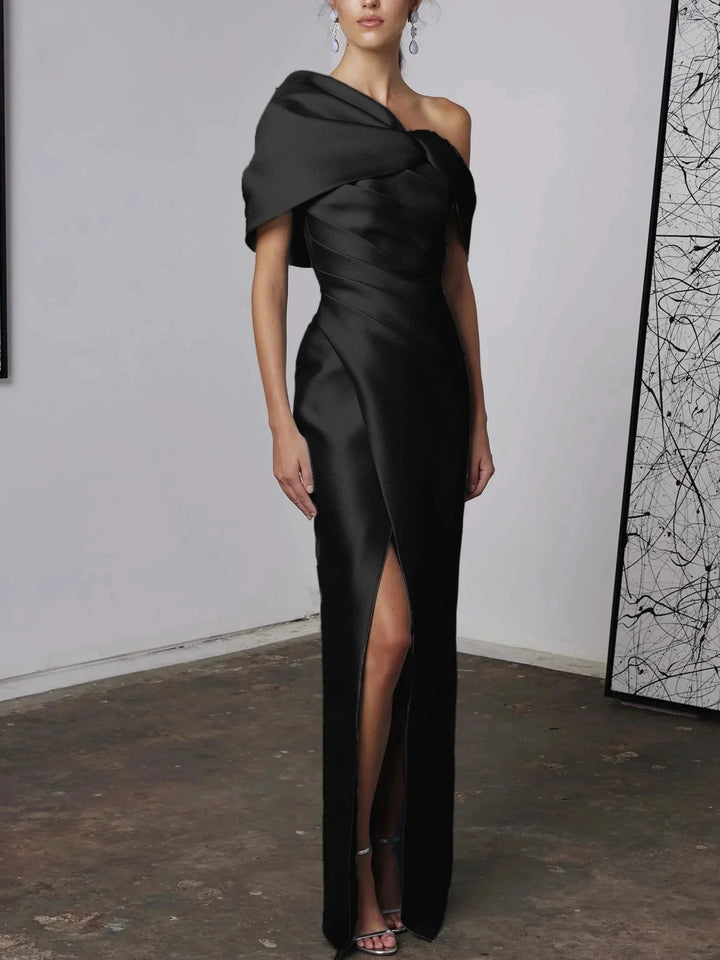 A-Line/Princess One-Shoulder Half Sleeves Floor-Length Mother of the Bride Dresses with Ruffles by Dreamylily