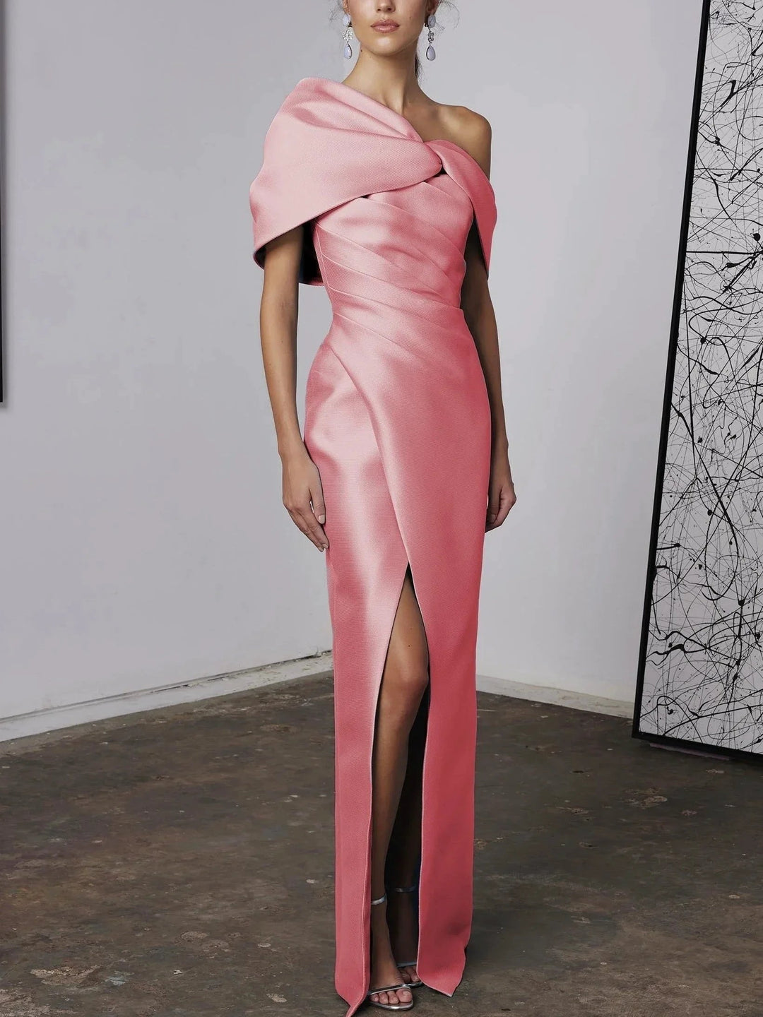 A-Line/Princess One-Shoulder Half Sleeves Floor-Length Mother of the Bride Dresses with Ruffles by Dreamylily