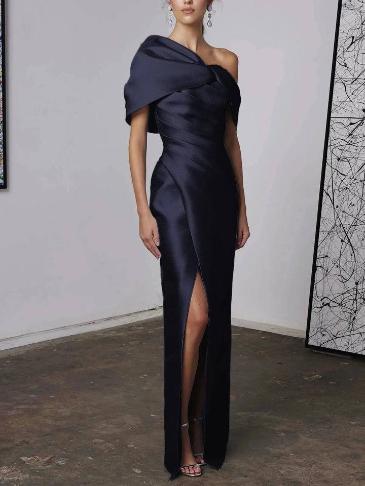 A-Line/Princess One-Shoulder Half Sleeves Floor-Length Mother of the Bride Dresses with Ruffles by Dreamylily