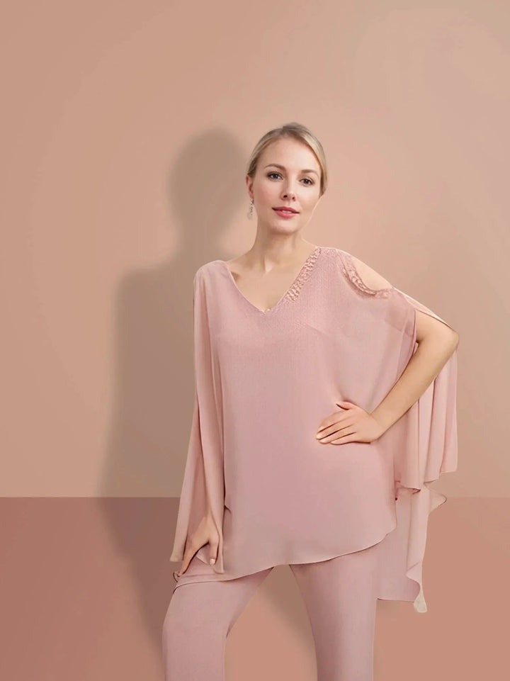 Chiffon half Sleeves V-Neck Mother of the Bride Pantsuits by Dreamylily