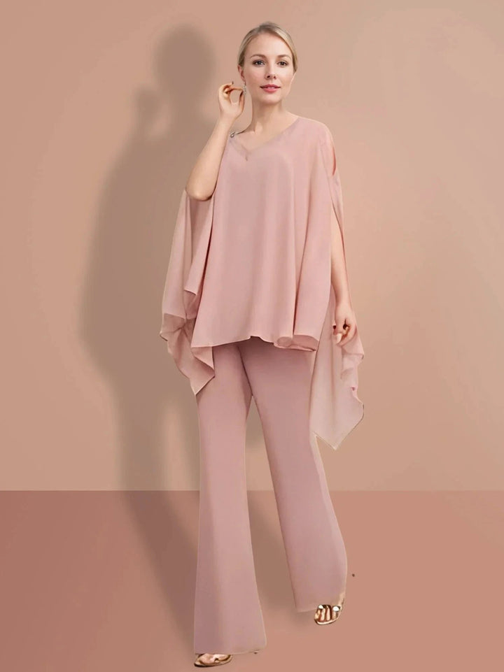 Chiffon half Sleeves V-Neck Mother of the Bride Pantsuits by Dreamylily