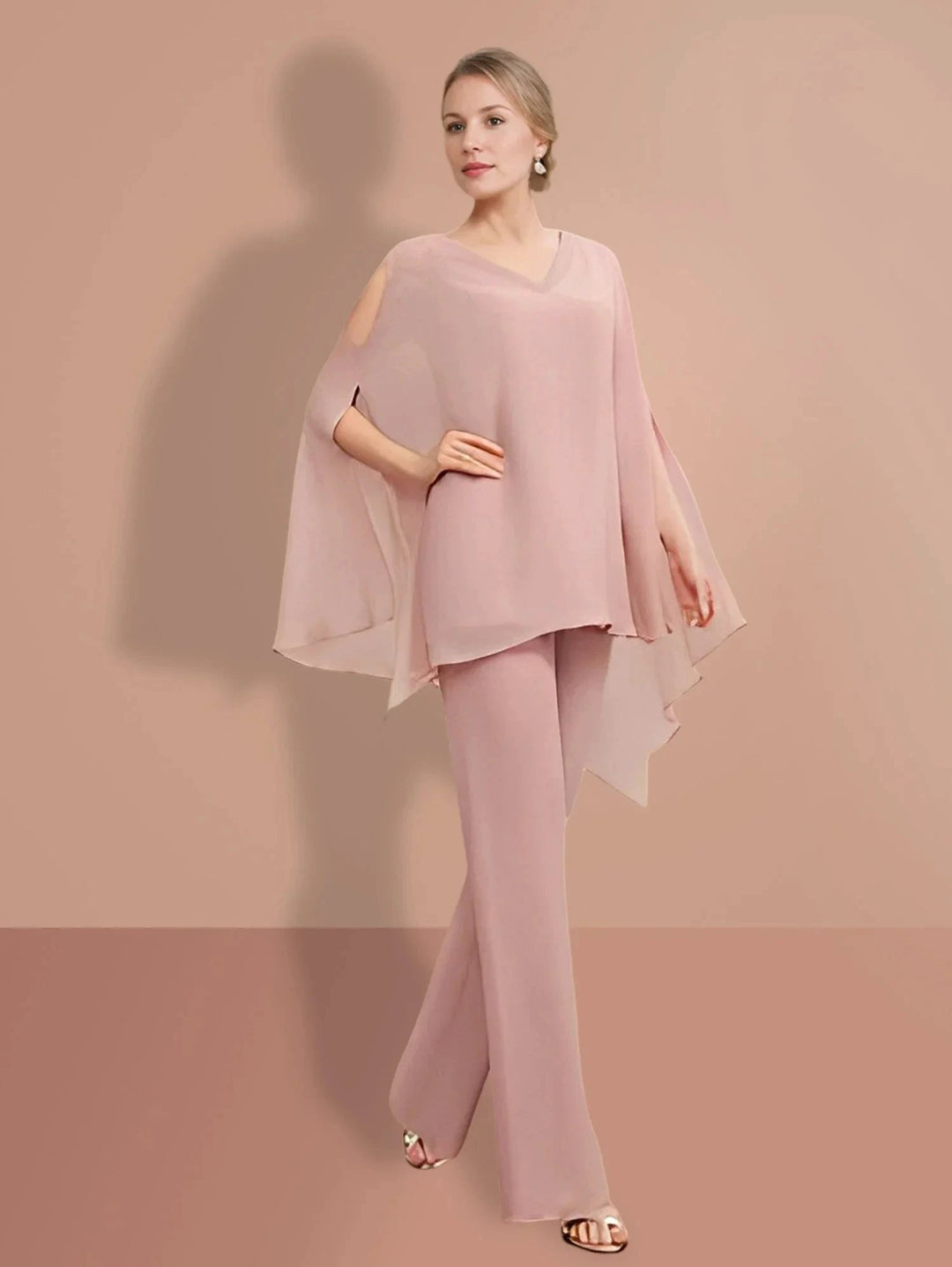 Chiffon half Sleeves V-Neck Mother of the Bride Pantsuits by Dreamylily