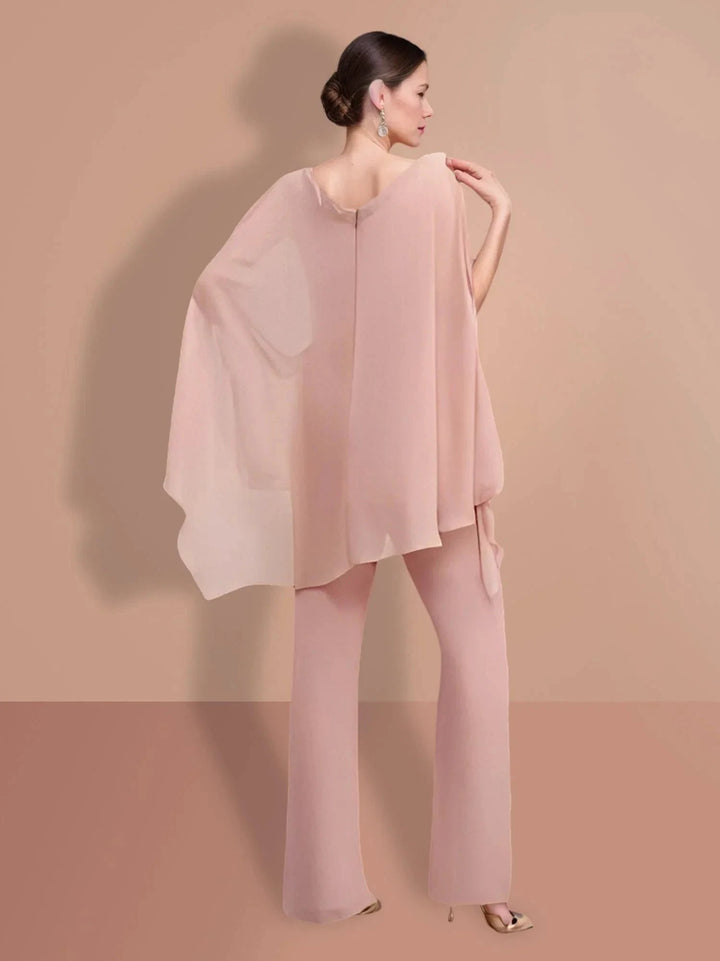 Chiffon half Sleeves V-Neck Mother of the Bride Pantsuits by Dreamylily