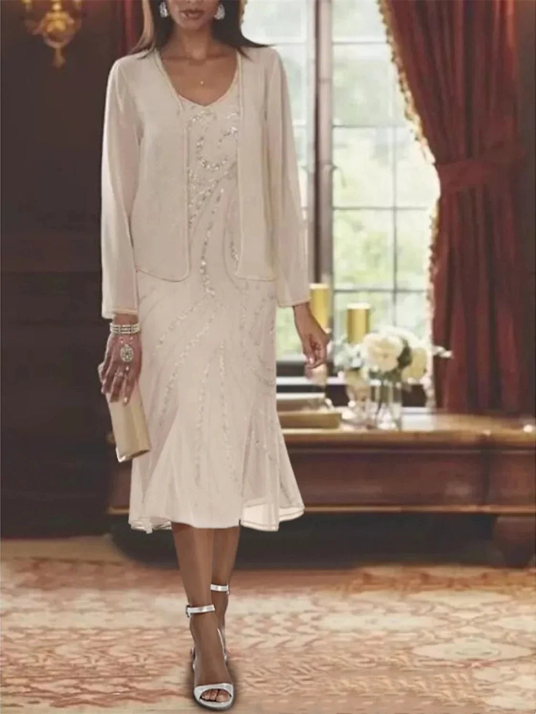 Chiffon V-Neck 2 Pieces Mother of the Bride Dresses with Jacket &amp; Sequins by Dreamylily