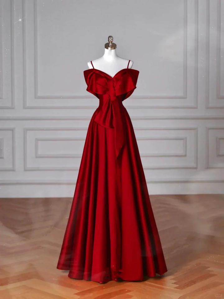 Red Satin Off The Shoulder Prom Dress Bow A Line Evening Dress Y8626 by simplepromdress