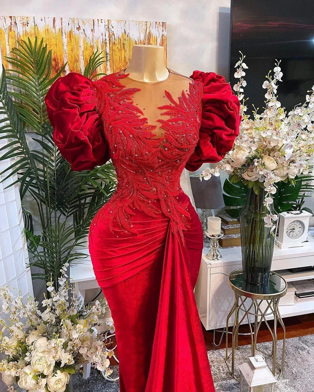 Luxury Red Mermaid Prom Dresses Lace Beaded Sheer Neck Evening Dress Formal Party Wear Y02 by simplepromdress