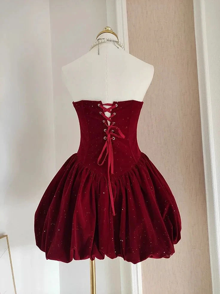 Cute A Line Strapless Burgundy Velvet Ruffles Homecoming Dress Y7972 by simplepromdress