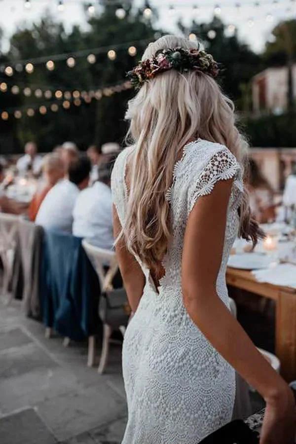 Lace Boho Mermaid Backless Cap Sleeve Bohemian Wedding Dresses MW265 by Musebridals