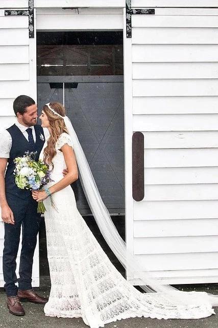 Lace Boho Mermaid Backless Cap Sleeve Bohemian Wedding Dresses MW265 by Musebridals