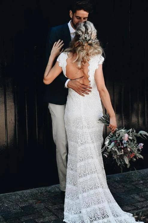 Lace Boho Mermaid Backless Cap Sleeve Bohemian Wedding Dresses MW265 by Musebridals