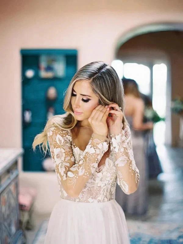 See Through Beaded Floral Lace Long Sleeve Boho Wedding Dresses MW269 by Musebridals